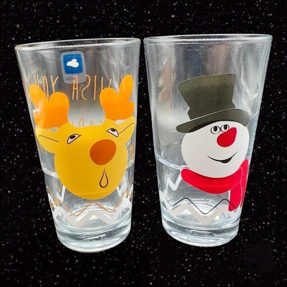 Vintage Leonardo Christmas Glasses Set 2 Reindeer Snowman Tumbler 5”T 3”W - Picture 1 of 8